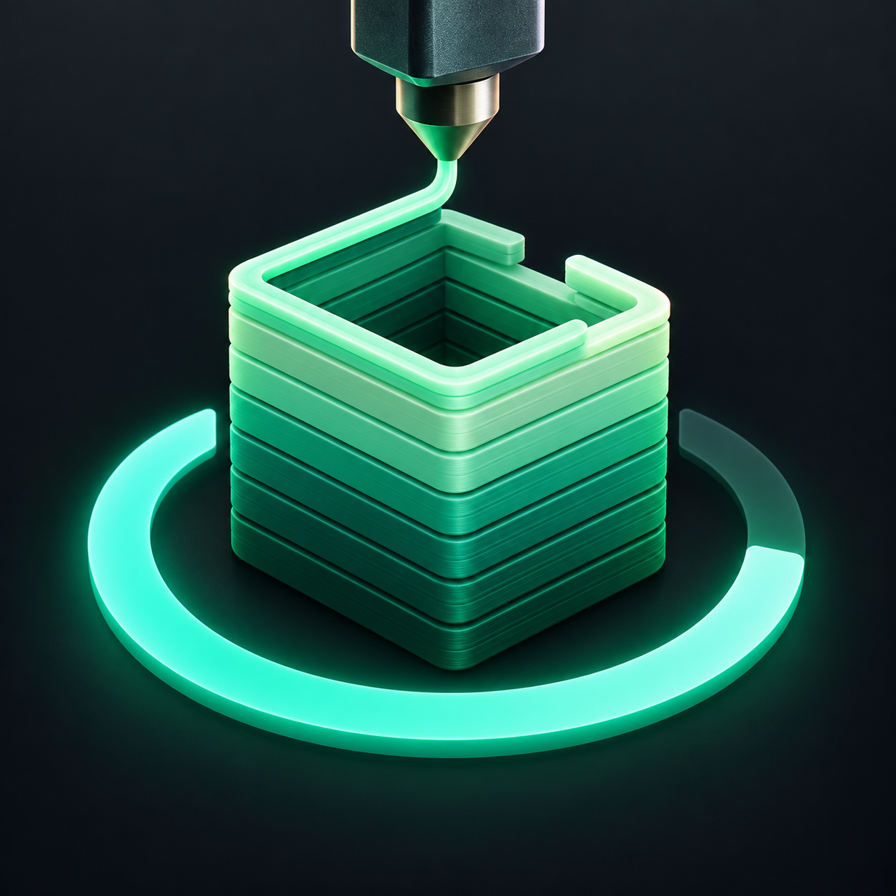 A nozzle building a mint-green layered print inside a progress ring