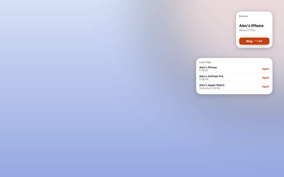 Typing 'air' in Beckon's palette rings Alex's AirPods Pro, then clicking Ring on the desktop widget shows Sending and then Sent