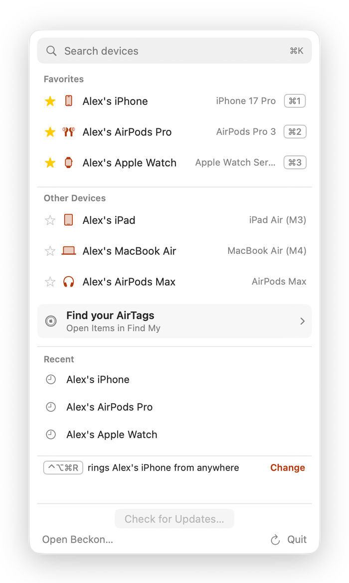 Beckon's menu bar popover with favorites and recent rings