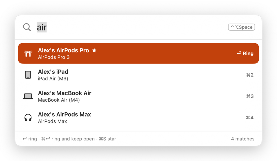The ring palette with 'air' typed and Alex's AirPods Pro selected