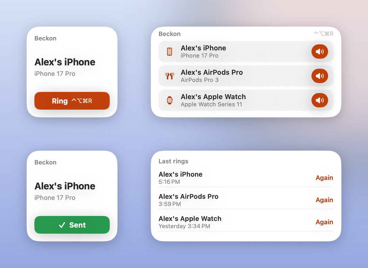 Beckon's small and medium Ring widgets and the Last rings widget on a desktop