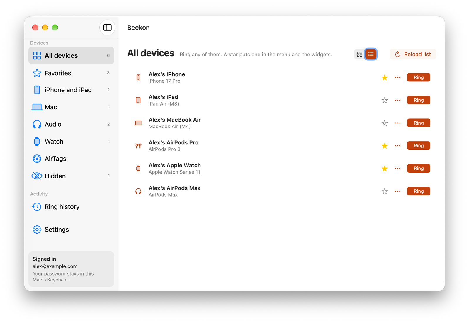 Beckon's window listing six devices with Ring buttons and stars