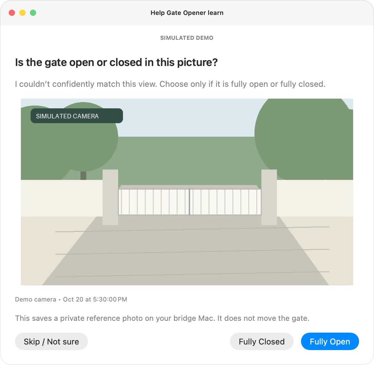 Mac learning dialog asking Fully Open, Fully Closed, or Skip, with a simulated camera picture