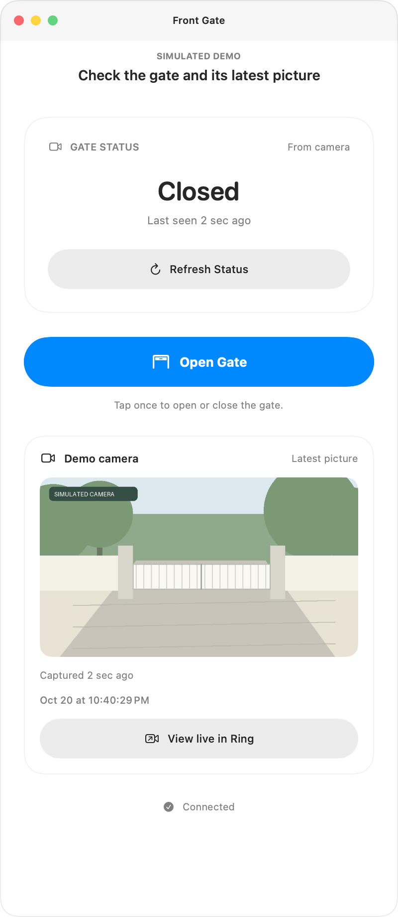 Gate Opener app with a simulated camera picture and capture time